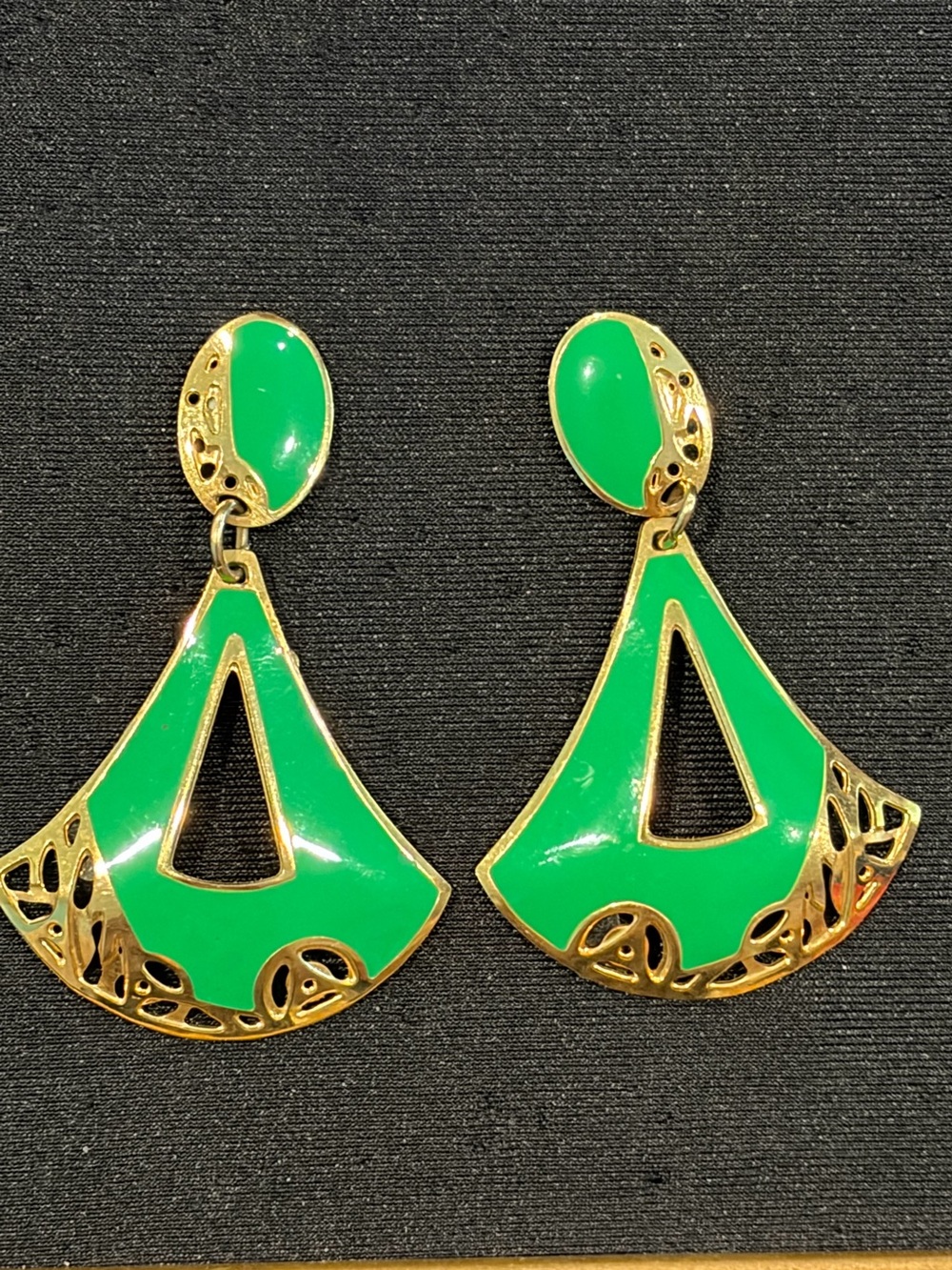 Vintage 80’s Edgar Berebi Green Enamel Geometric Dangle Statement Earrings